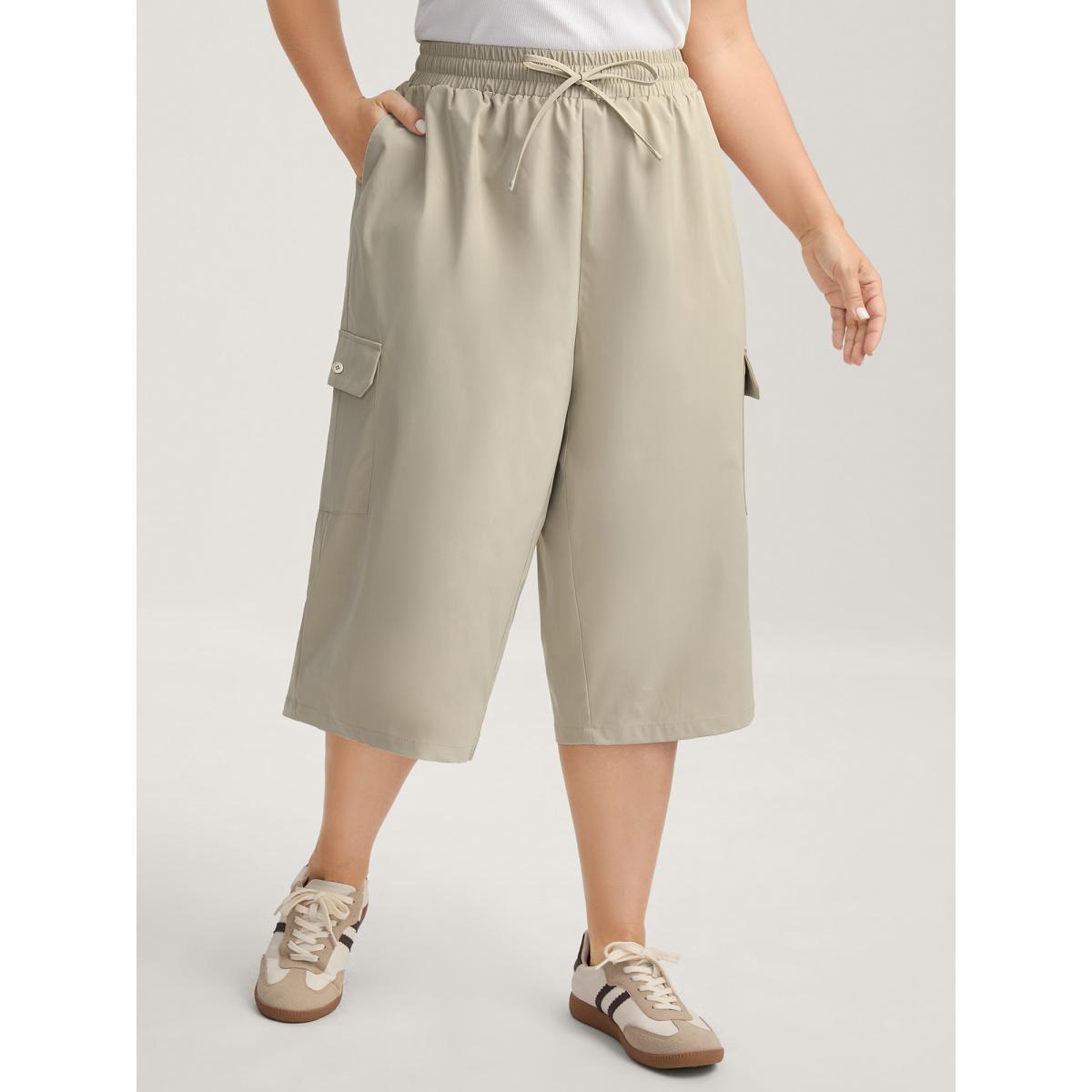 Plus Size Waist Drawstring Pockets Straight-Leg Pants Women Champagne Casual Straight Leg Mid Rise Everyday-Casual Pants BloomChic 26/4X Product Image