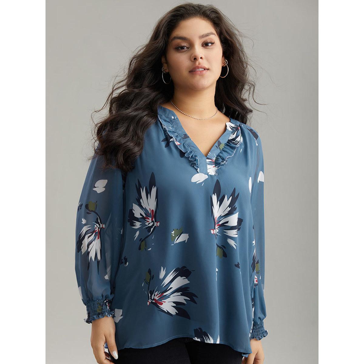 Plus Size Cerulean Floral Print Shirred Ruffles Mesh Blouse Women Elegant Long Sleeve V-neck Dailywear Blouses BloomChic 30/6X Product Image