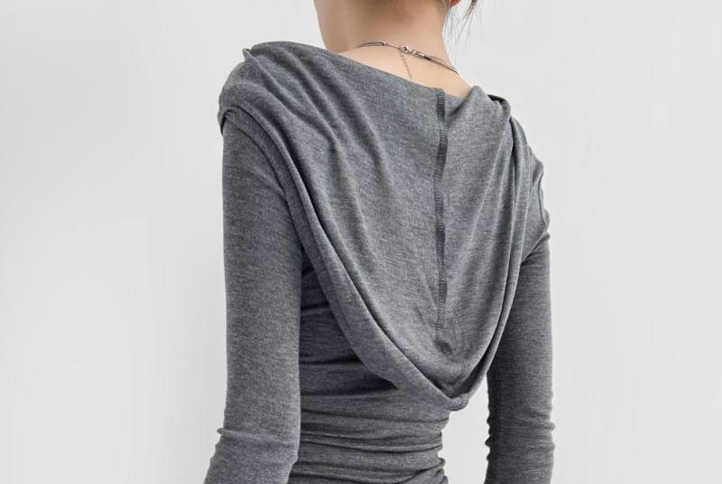 Long-Sleeve Plain Hooded Drawstring Shirred T-Shirt Product Image