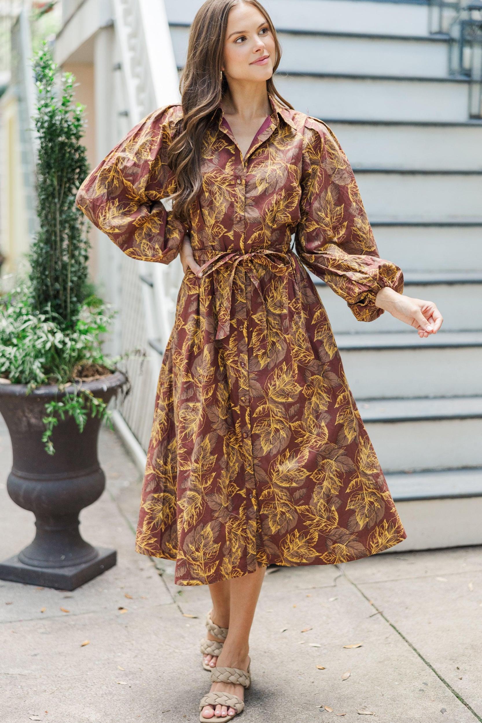 Somewhere Out There Brown Leaf Print Midi Dress Female Product Image