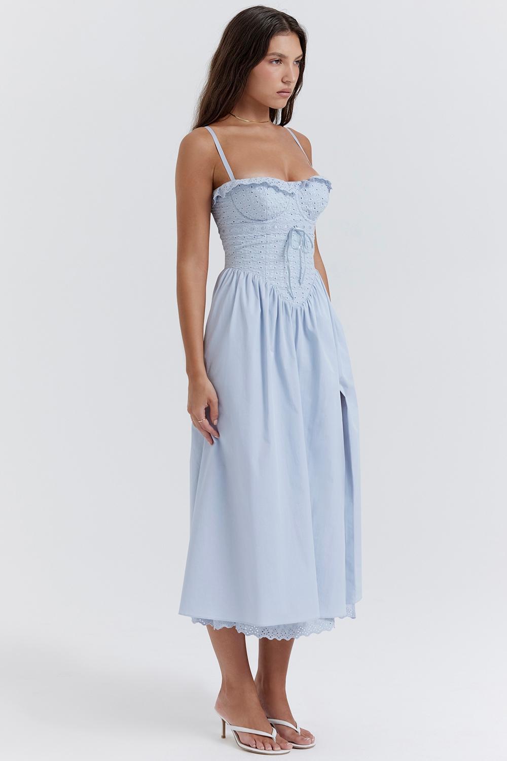 Jaime Soft Blue Cotton Broderie Anglais Midi SunDress Product Image