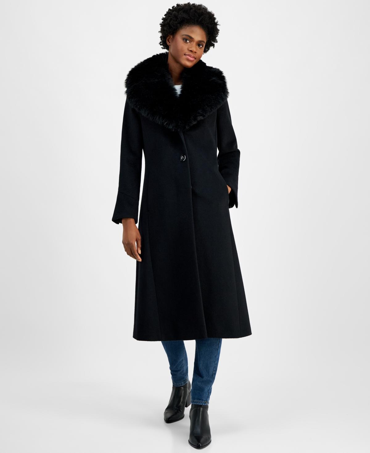 Via Spiga Womens Single-Breasted Faux-Fur-Collar Maxi Coat Product Image