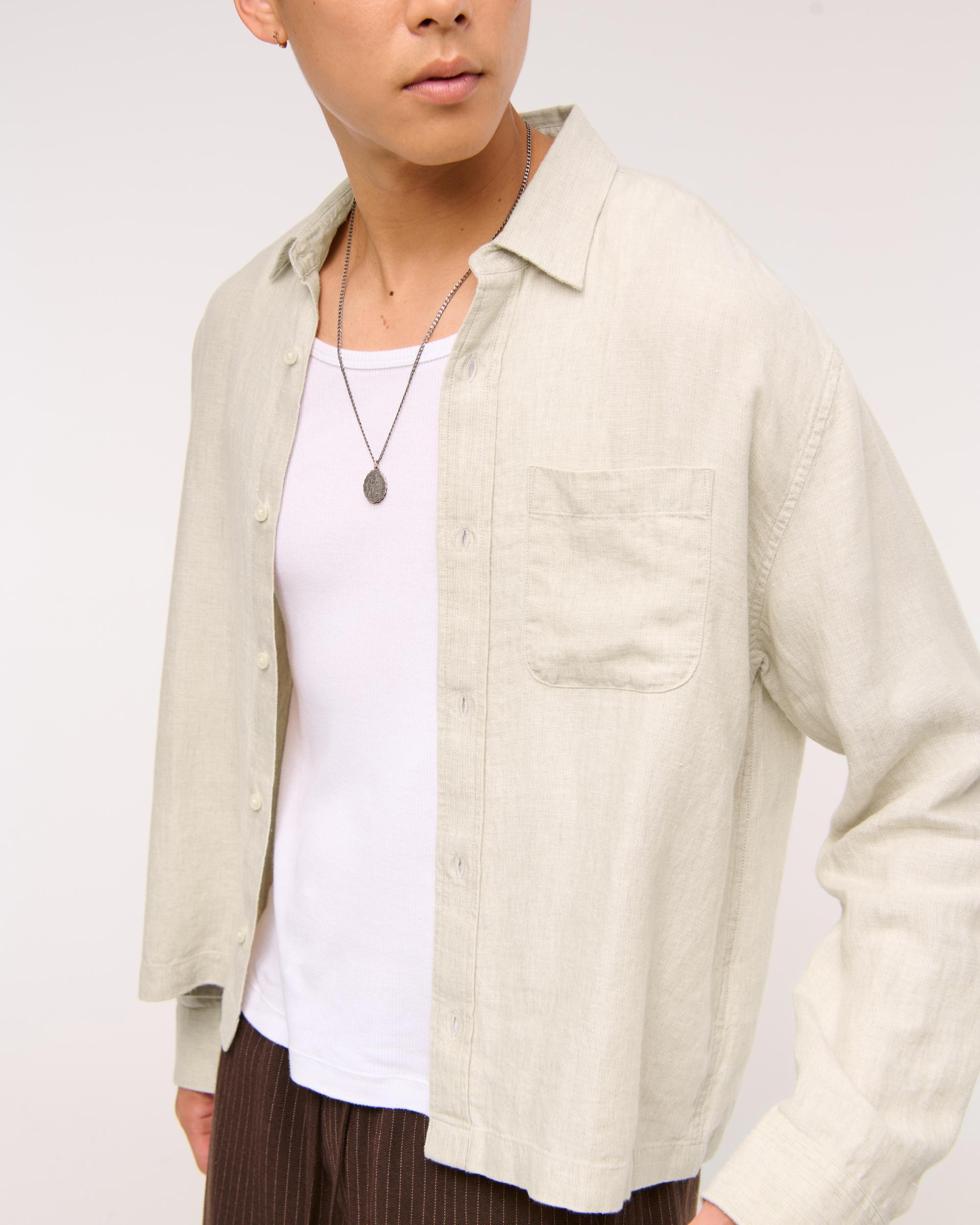 Cropped Linen Button-Up Shirt Product Image