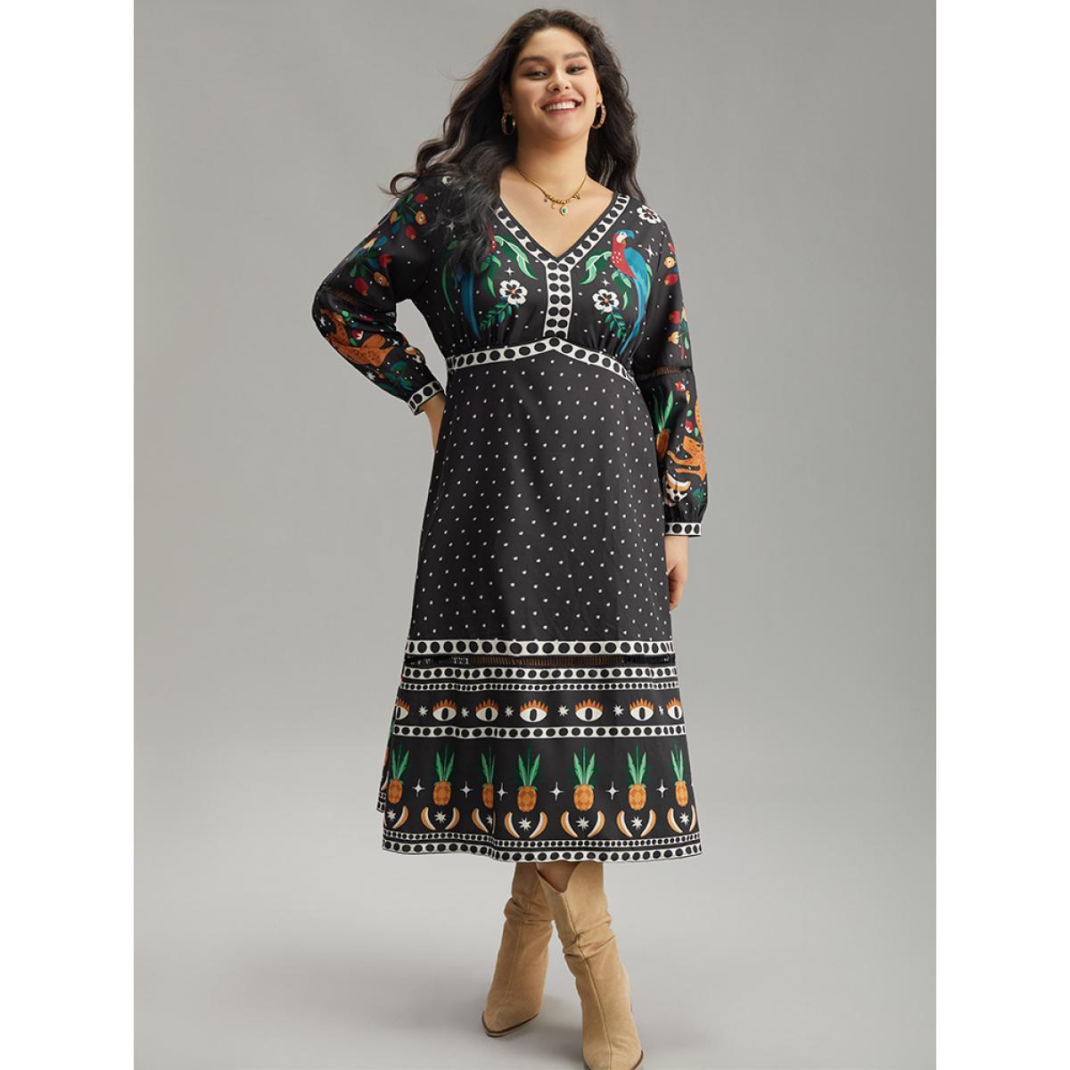 Plus Size Bandana Print Lantern Sleeve Ruffle Hem Dress Black Women Resort Printed V-neck Long Sleeve Curvy Midi Dress BloomChic 18-20/2X Product Image