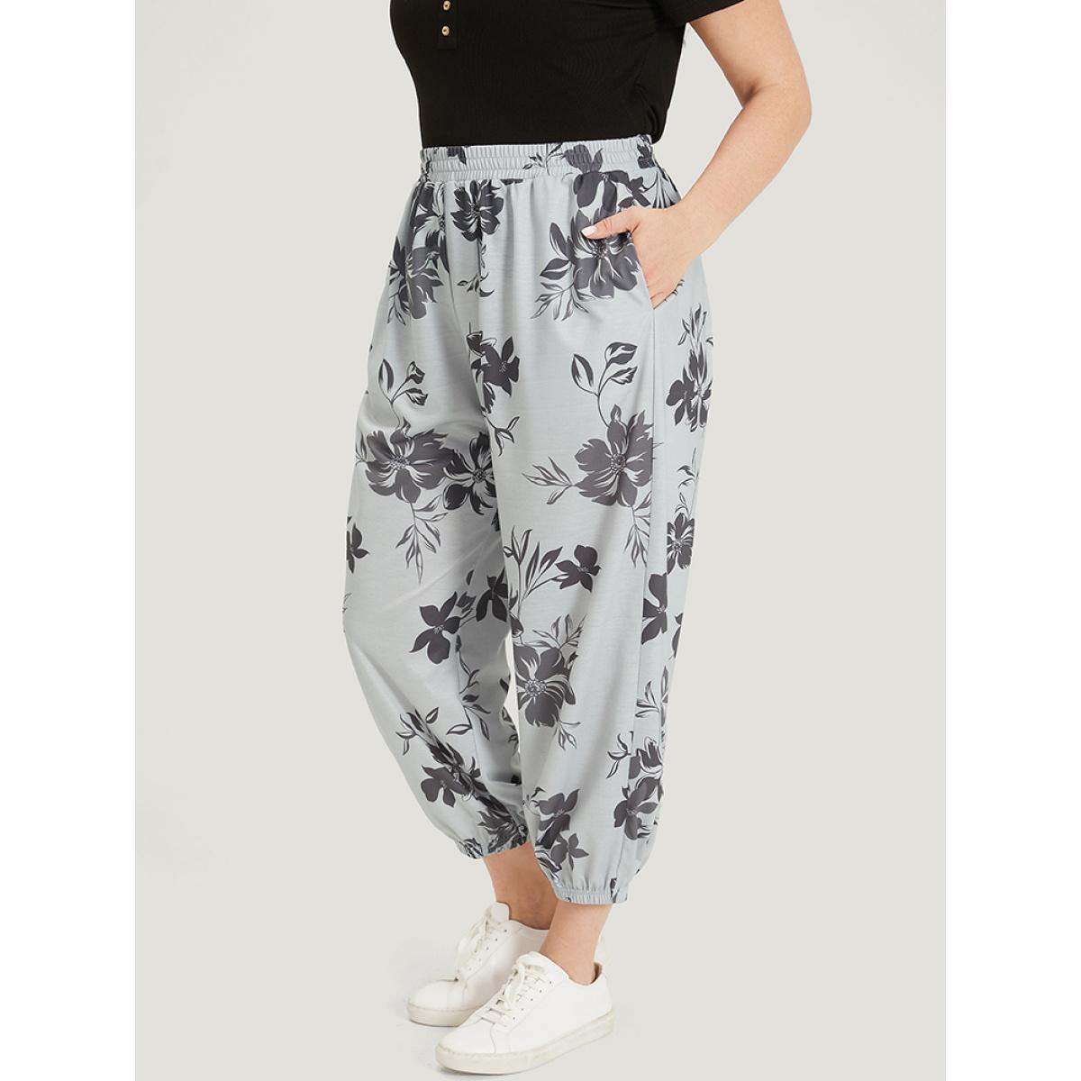 Silhouette Floral Print Pocket Elastic Waist Sweatpants DarkGray Plus Size Women Casual Everyday Elastic Waist 26/4X Bloomchic Product Image