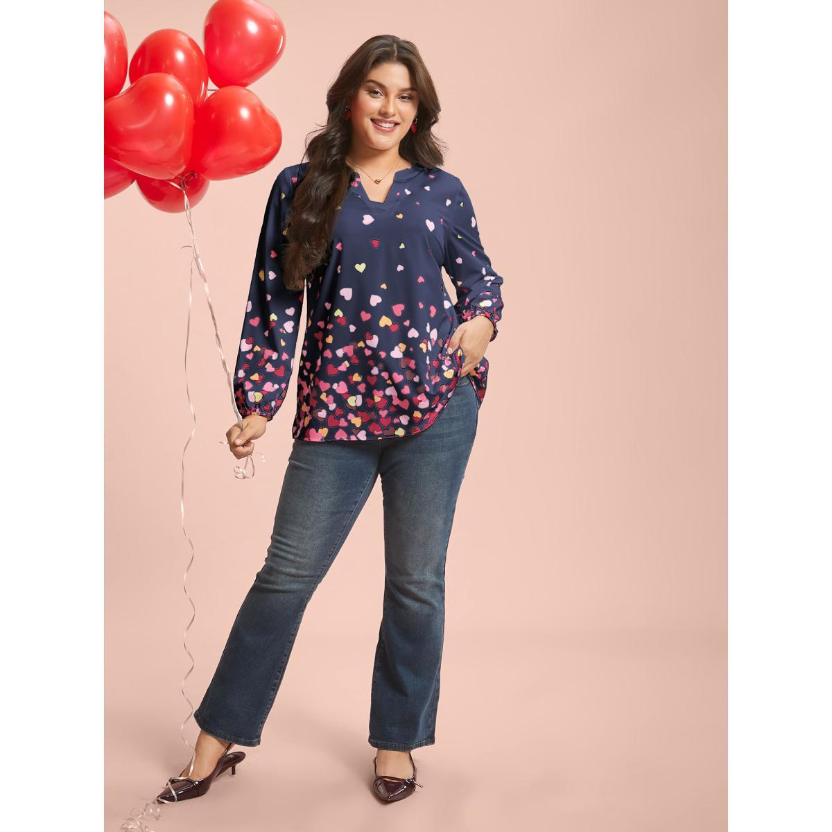 Plus Size Indigo Notched Collar Multi-Color Hearts Blouse Women Elegant Extra Long Sleeve Flat collar with V-notch Everyday Blouses BloomChic 18-20/2X Product Image