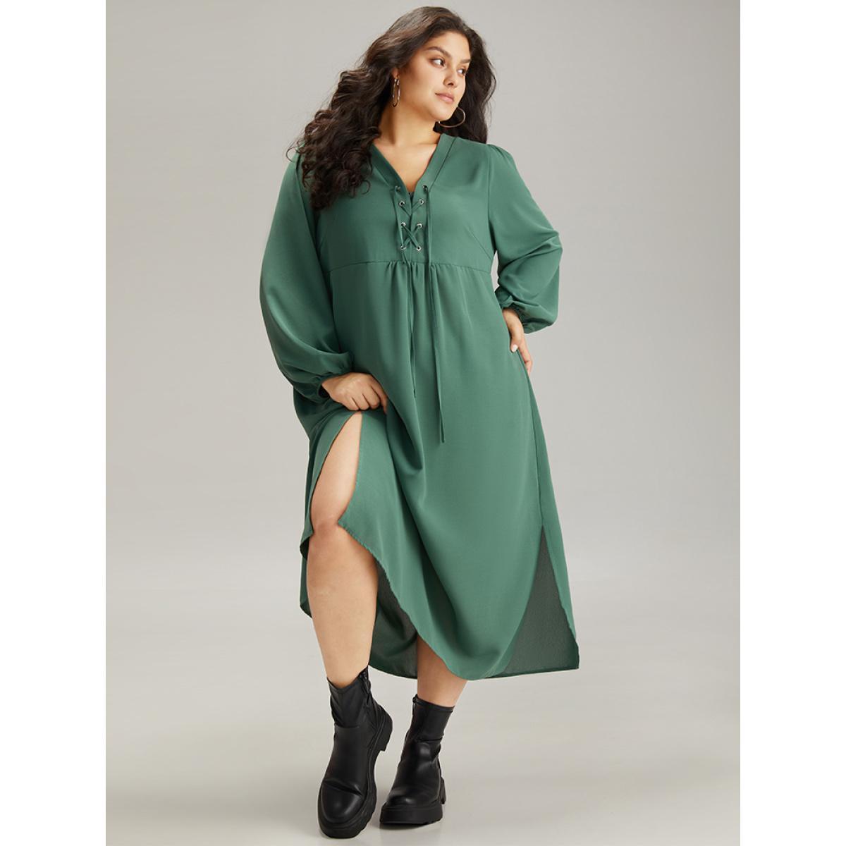 Plus Size Plain Lace Up Split Hem Lantern Sleeve Dress Mint Women Casual Elastic cuffs Tie Neck Long Sleeve Curvy Midi Dress BloomChic 26/4X Product Image