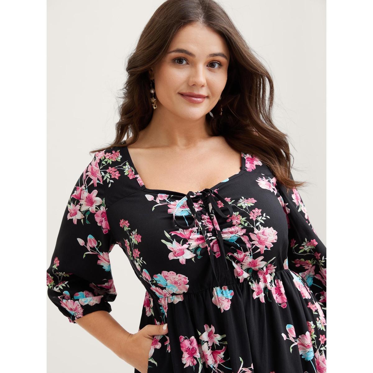 Plus Size Floral Adjustable Bust Drawstring Midi Dress Black Women Heart neckline Elbow-length sleeve Curvy BloomChic 18-20/2X Product Image