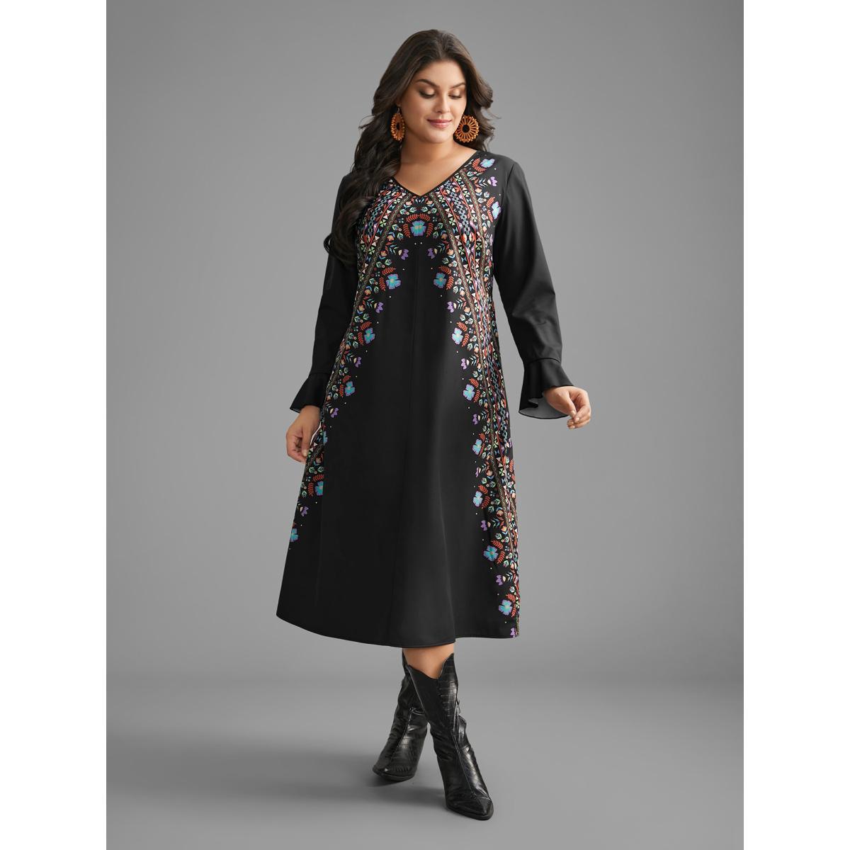 Plus Size Boho Print Ruffle Sleeve Midi Dress Black Women Resort Ruffles V-neck Long Sleeve Curvy BloomChic 26/4X Product Image