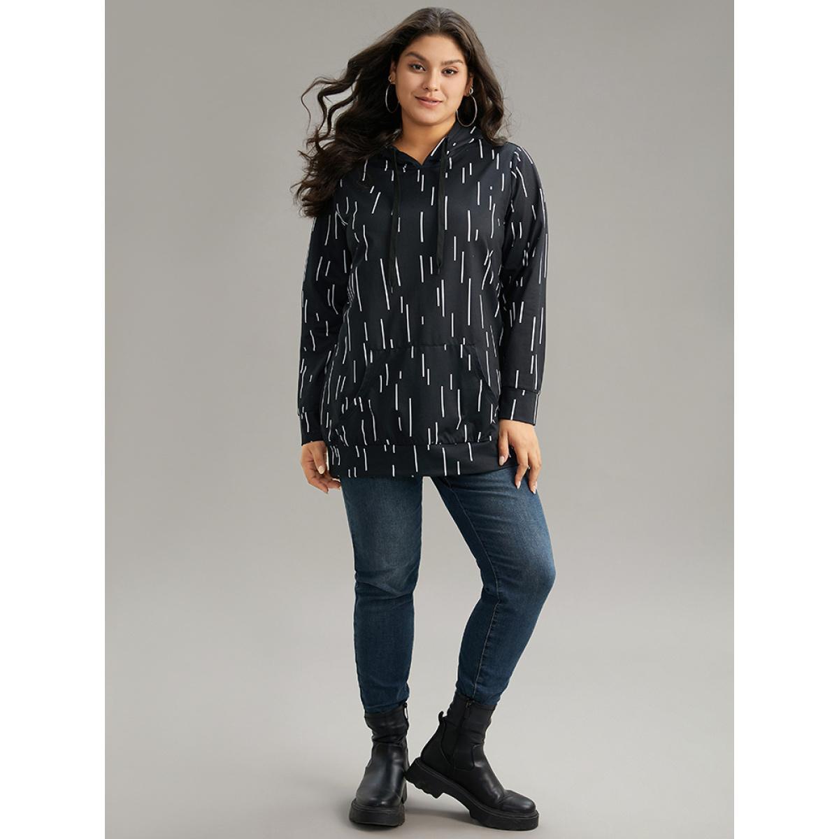 Plus Size Striped Asymmetrical kangaroo pocket Hooded Sweatshirt Women Black Casual Printed Hooded Dailywear Sweatshirts BloomChic 14-16/1X Product Image