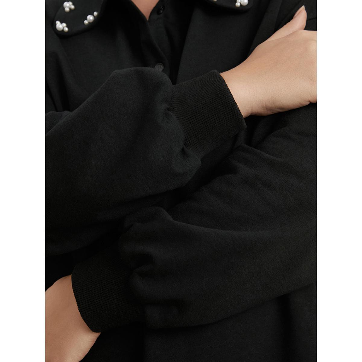 Plus Size Solid Button Up Pearl Beaded Polo Neck Sweatshirt Women Black Elegant Beaded Polo Dailywear Sweatshirts BloomChic 26/4X Product Image