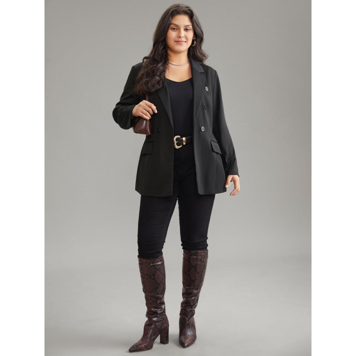 Plus Size Plain Suit Collar Pocket Button Up Blazer Black Women Dailywear Plain Lined Sleeve Long Sleeve Suit Collar 28/5X Pocket Elegant Blazers BloomChic Product Image