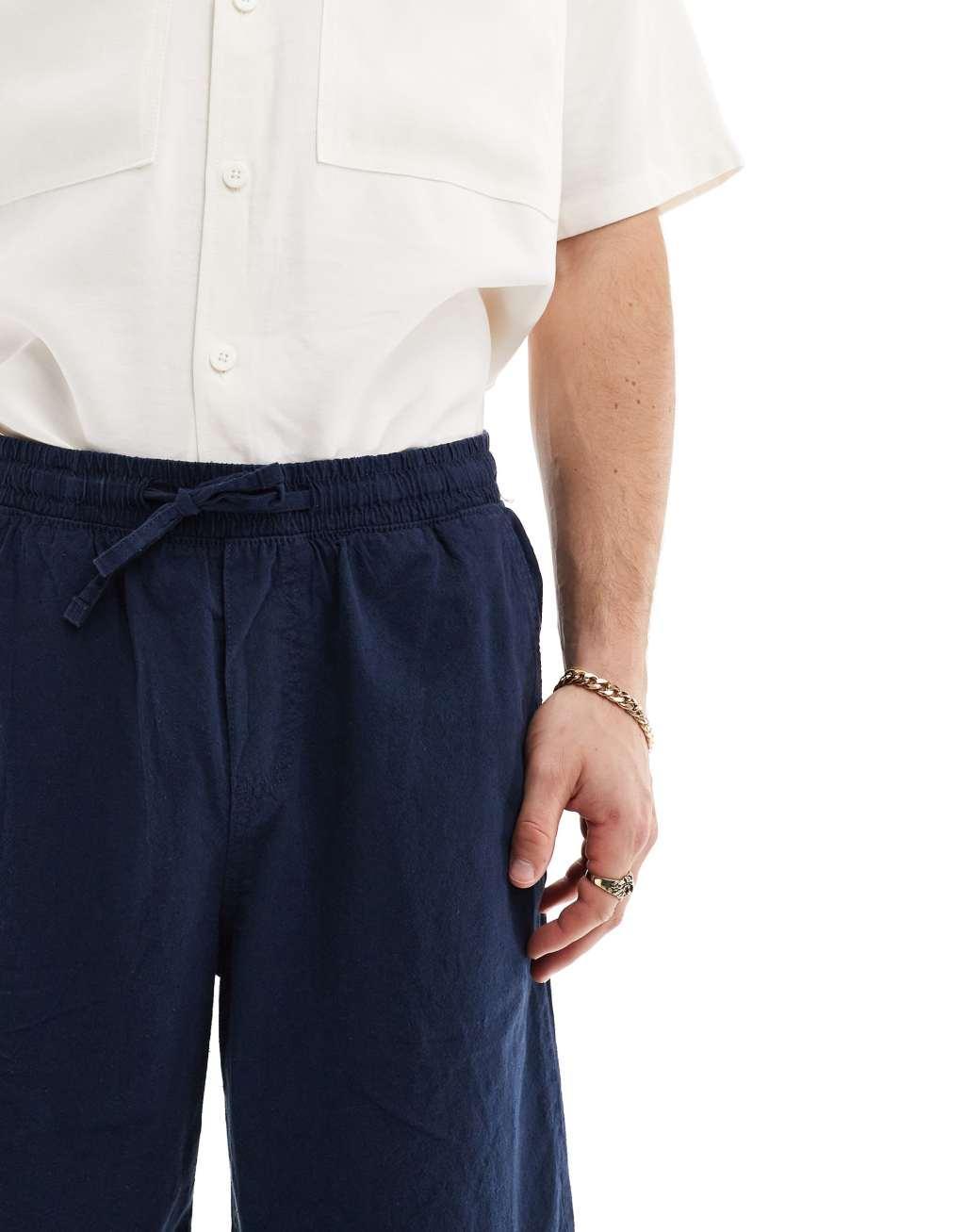Jack & Jones loose fit linen shorts in navy Product Image