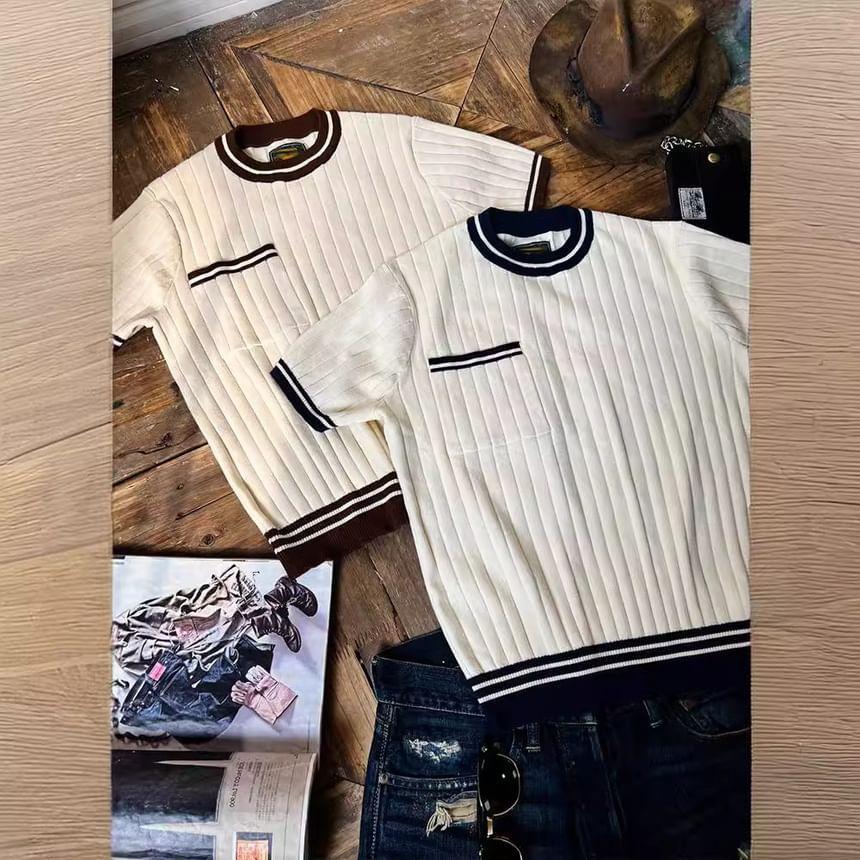 Elbow-Sleeve Crew Neck Contrast Trim Knit Top Product Image