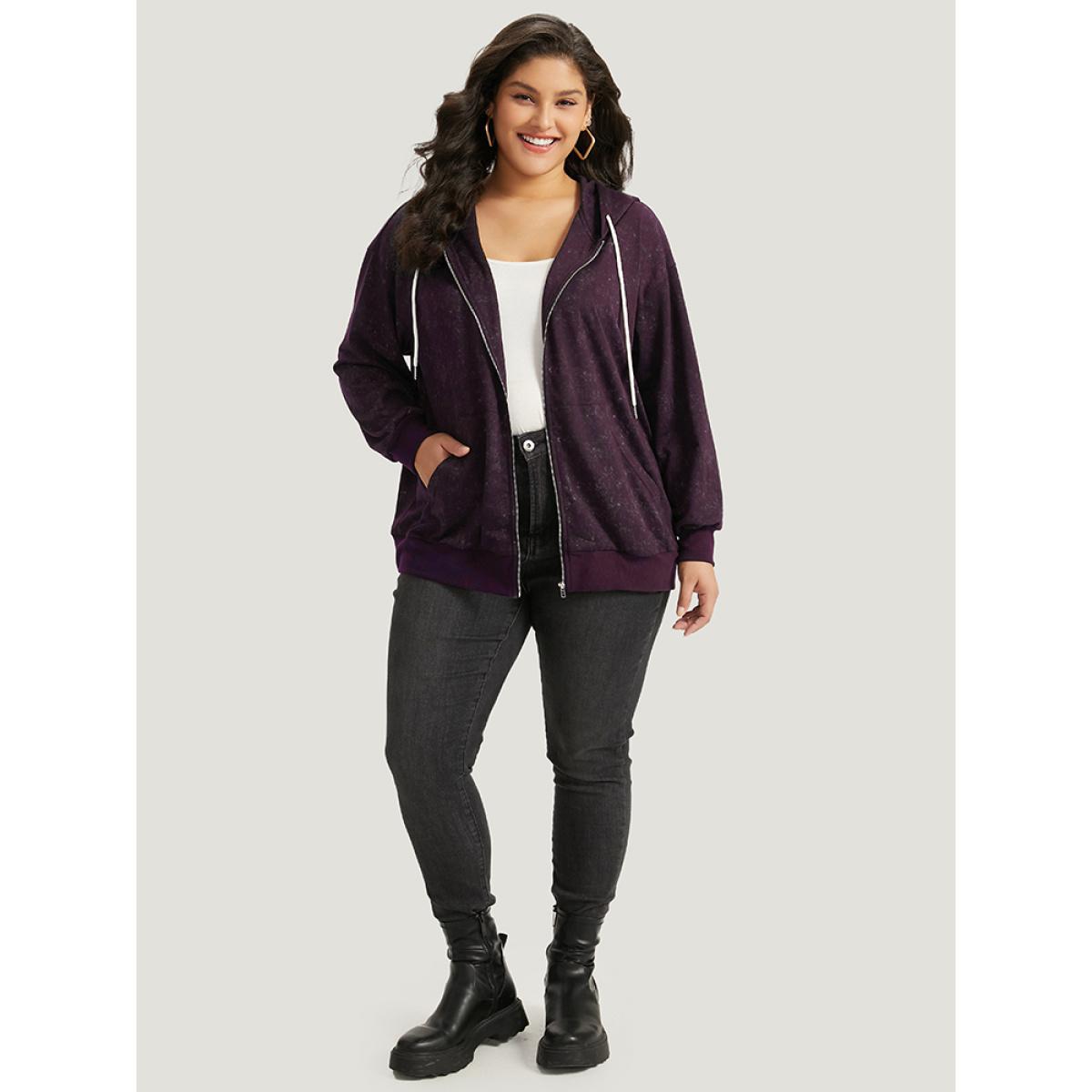 Plus Size Heather Hooded Drawstring Pocket Zipper Fly Sweatshirt Women Purple Casual Elastic cuffs Hooded Everyday Sweatshirts BloomChic 18-20/2X Product Image