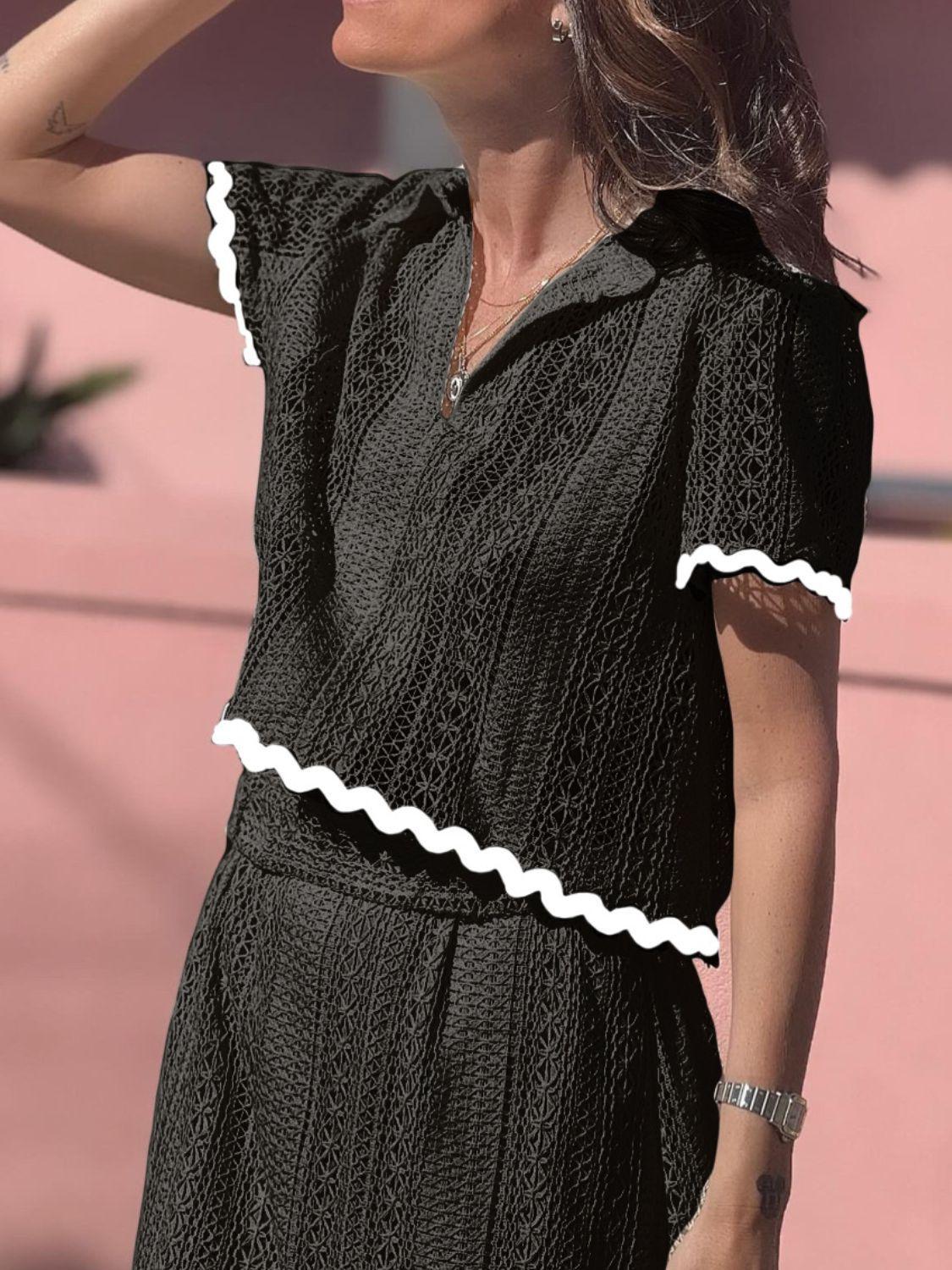 Contrast Trim Openwork Short Sleeve Top and Skirt Set Product Image