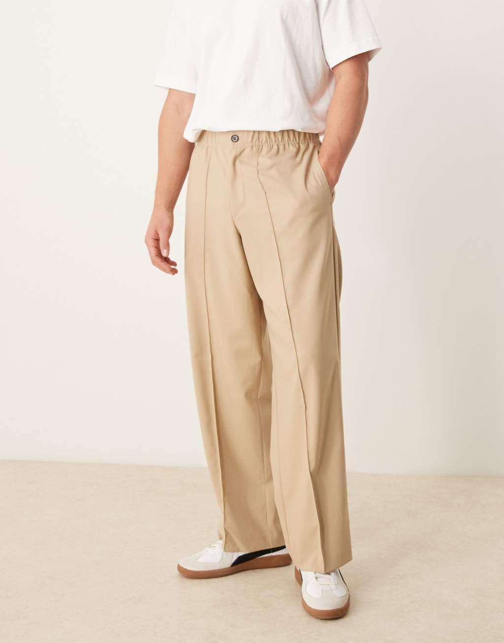 ASOS DESIGN smart wide leg pants with pintucks in stone with half elastic waist Product Image