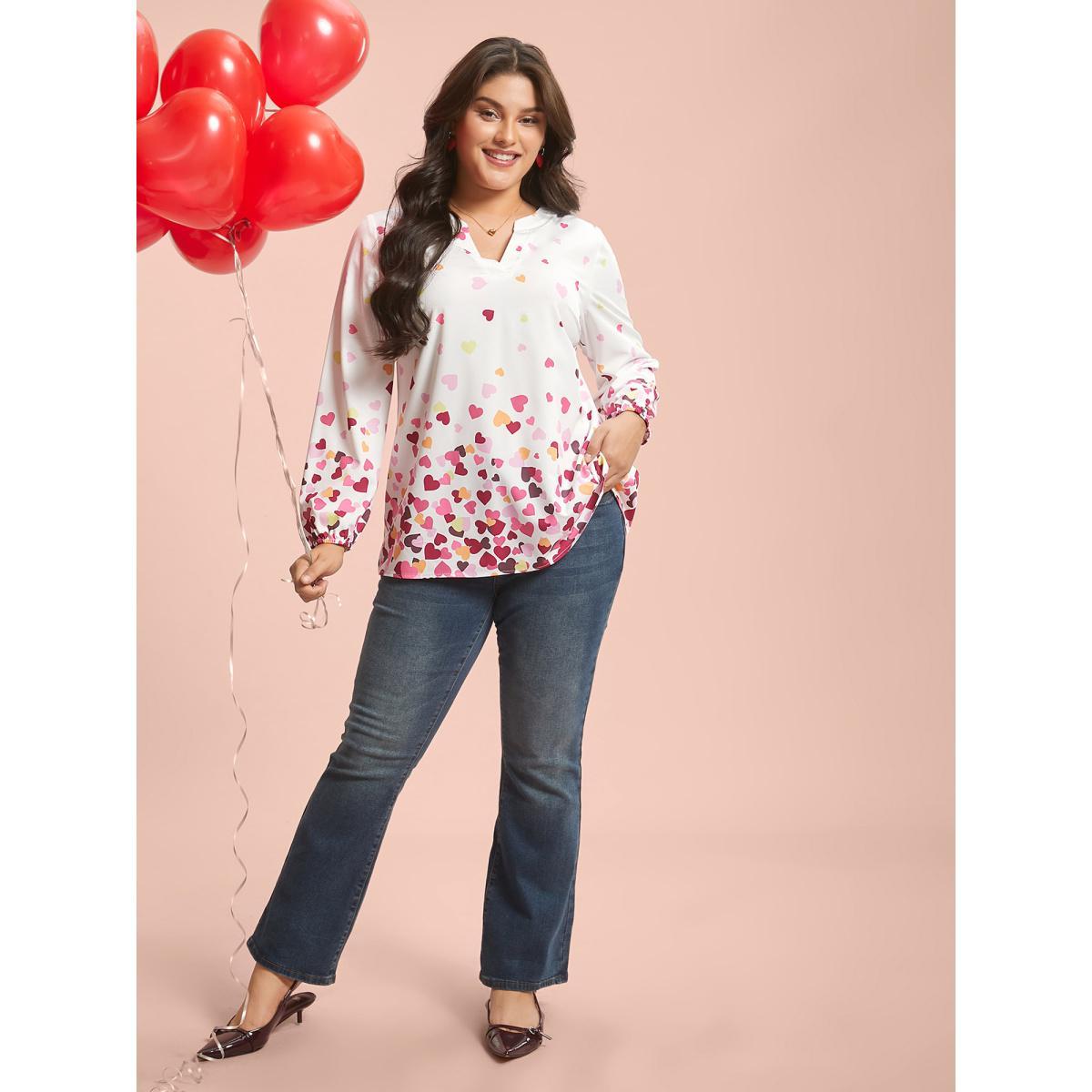 Plus Size WhiteSmoke Notched Collar Multi-Color Hearts Blouse Women Elegant Extra Long Sleeve Flat collar with V-notch Everyday Blouses BloomChic 26/4X Product Image