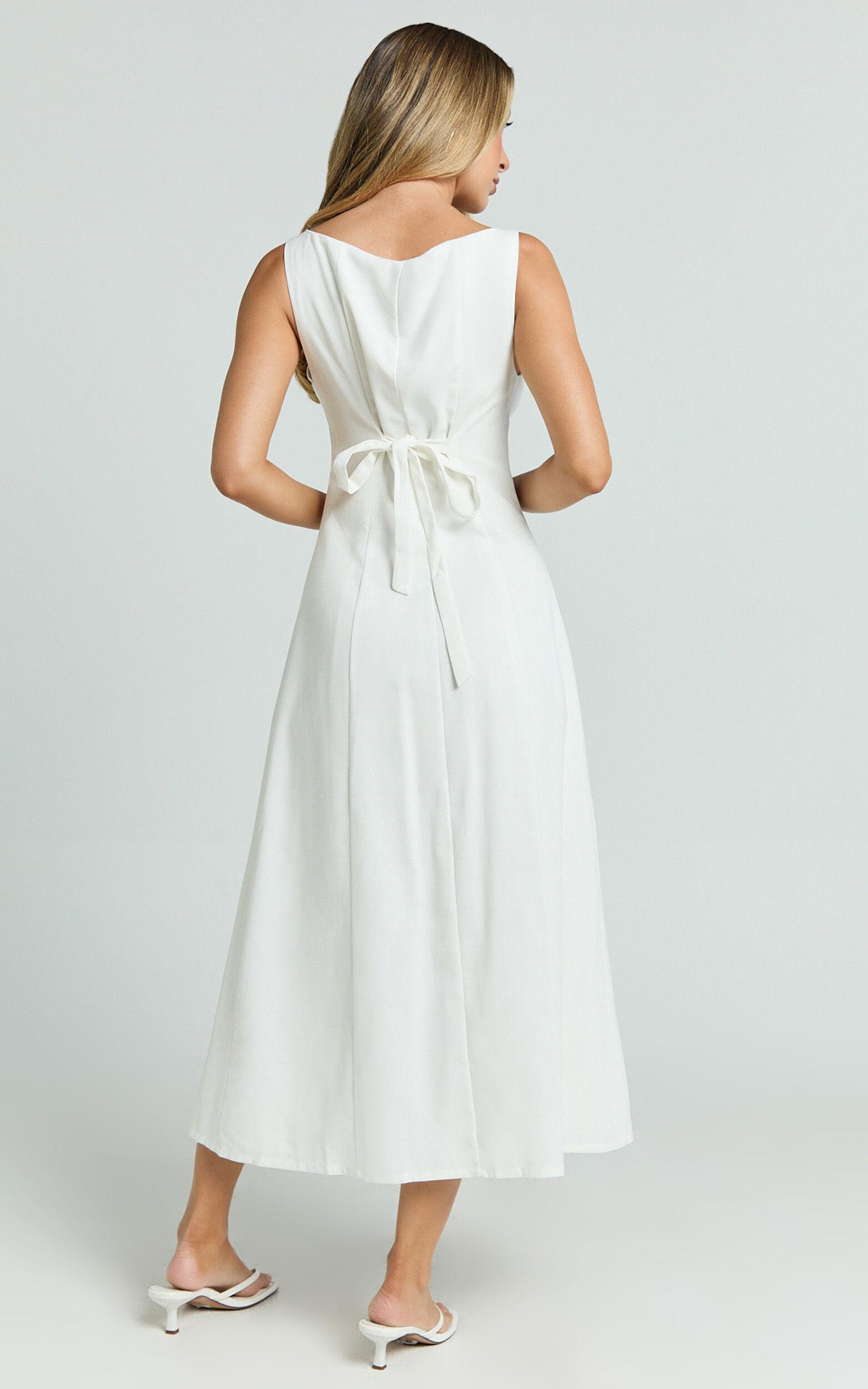 Cameron Midi Dress - Button Front Tie Back Dress in White Product Image