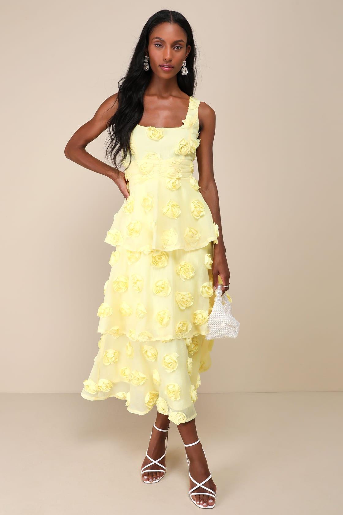 Exceptional Entrance Yellow Sleeveless Tiered Rosette Midi Dress Product Image