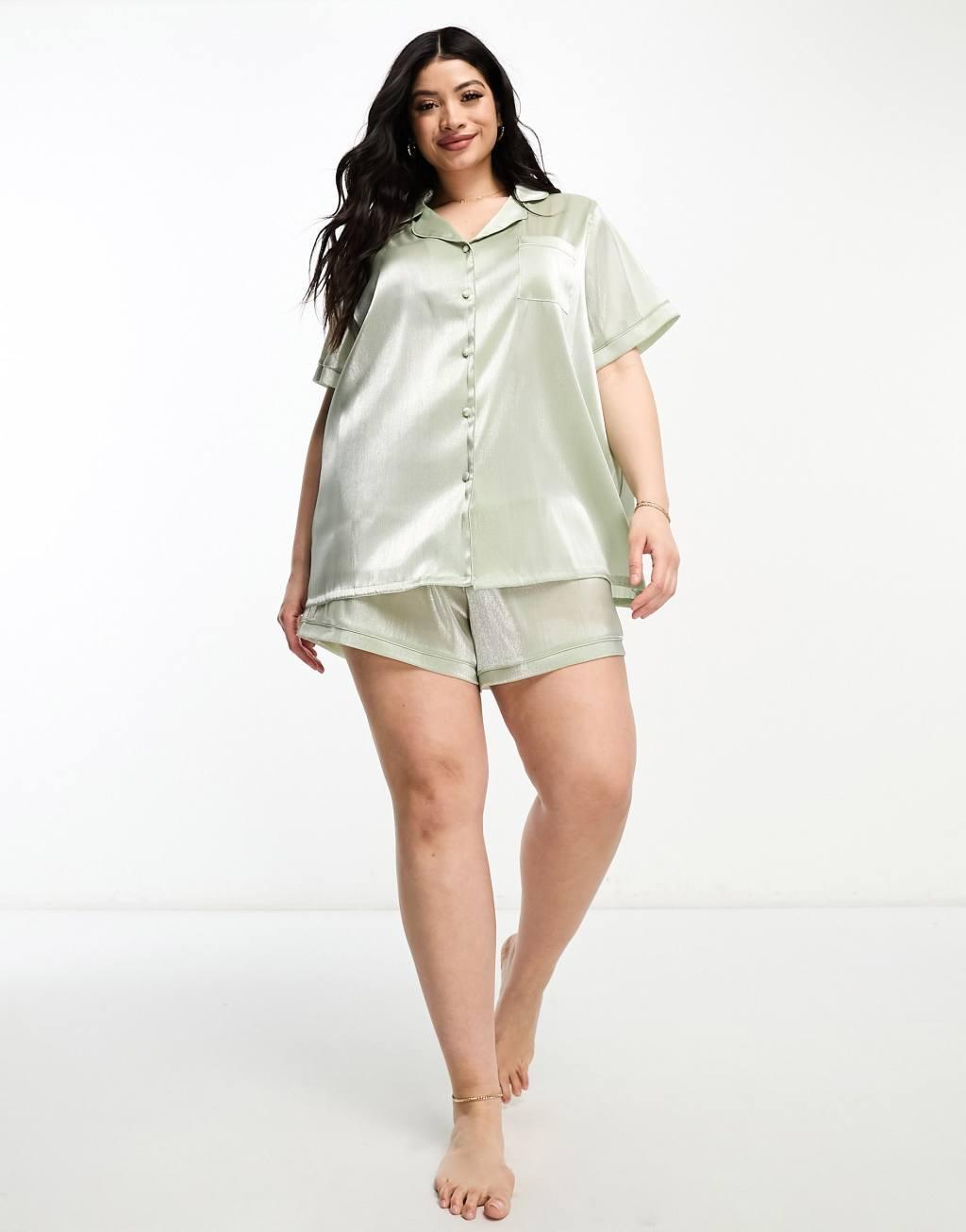 Loungeable Curve bridesmaid taffeta short sleeve revere shirt and short set Product Image