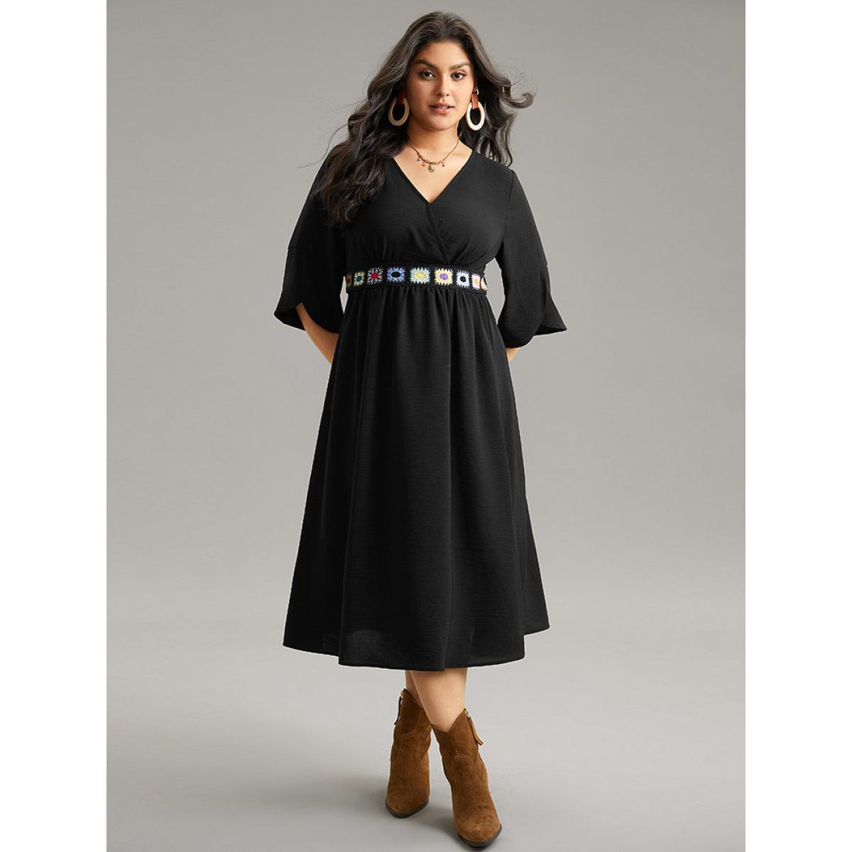 Plus Size Plain Elastic Waist Embroidered Wrap Dress Black Women Vacation Wrap Overlap Collar Elbow-length sleeve Curvy Midi Dress BloomChic 30/6X Product Image