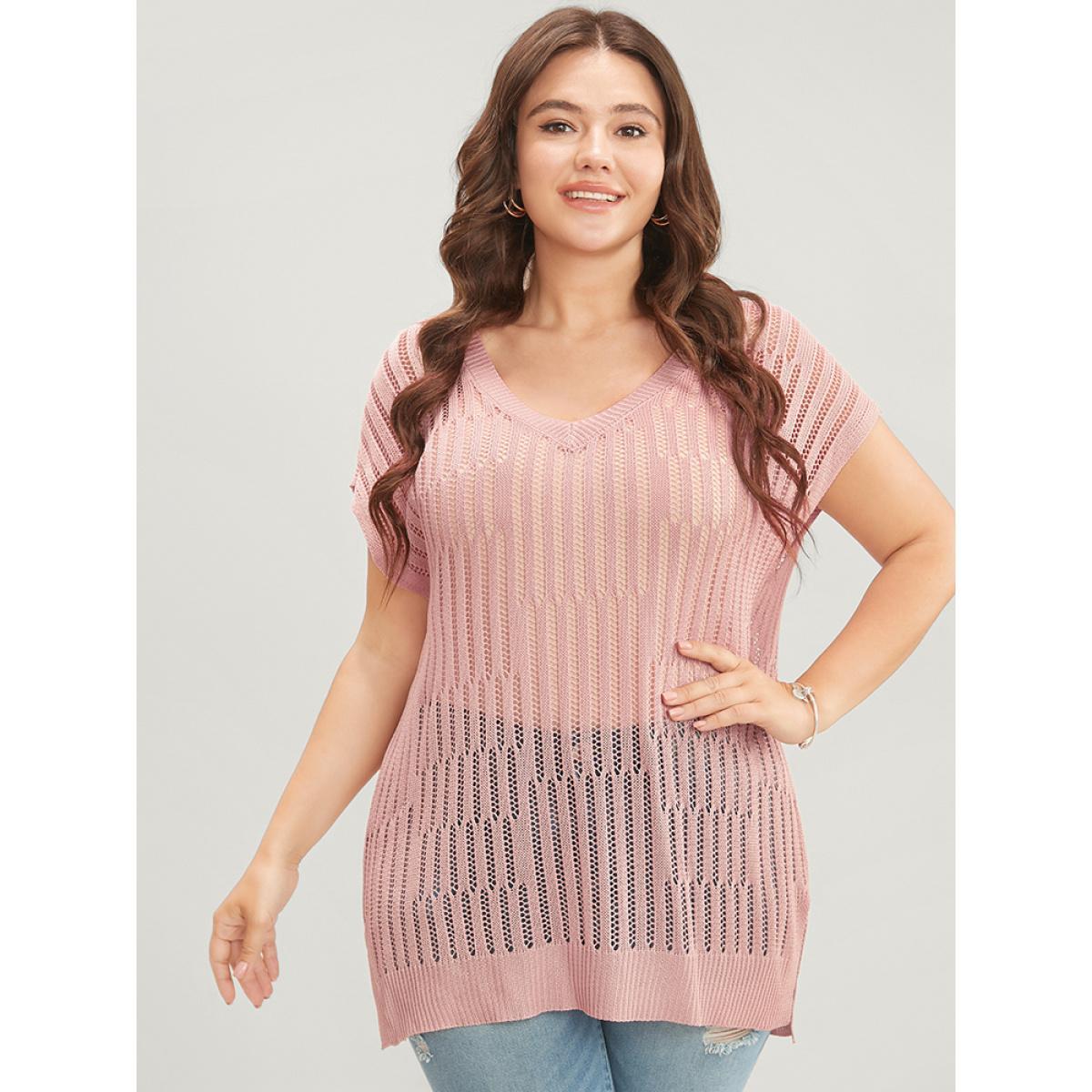 Plus Size Plain Vertical Striped Cut Out Split Hem Knit Top Coral Women Casual Sleeveless V-neck Dailywear Pullovers BloomChic 10/M Product Image