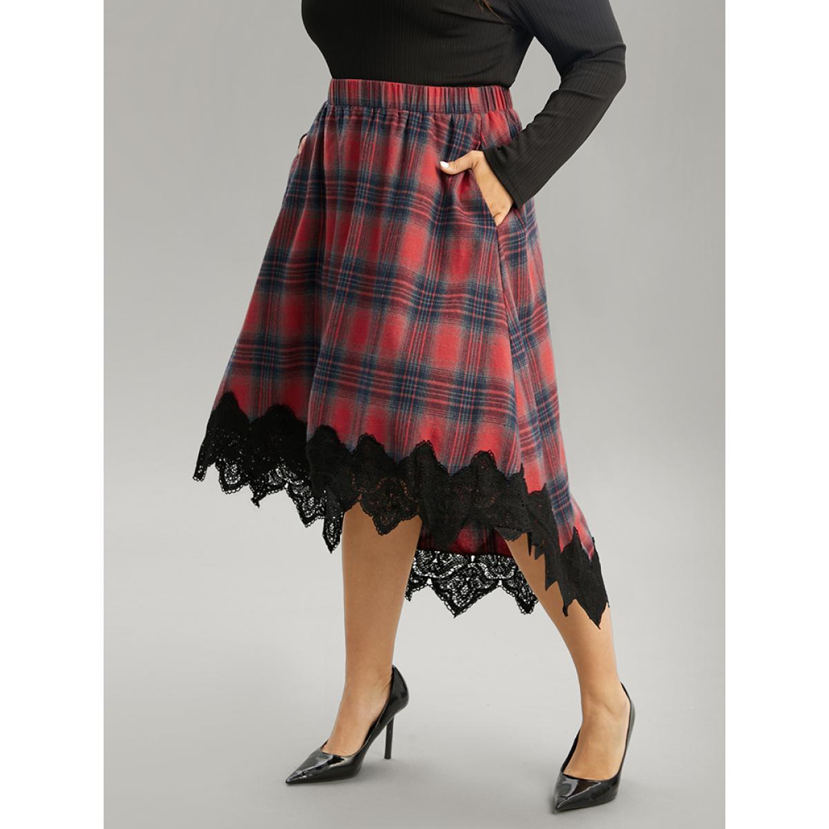 Plus Size Plaid Lace Panel Pocket High Low Hem Skirt Women Scarlet Elegant Patchwork No stretch Pocket Festival-Christmas Skirts BloomChic 18-20/2X Product Image