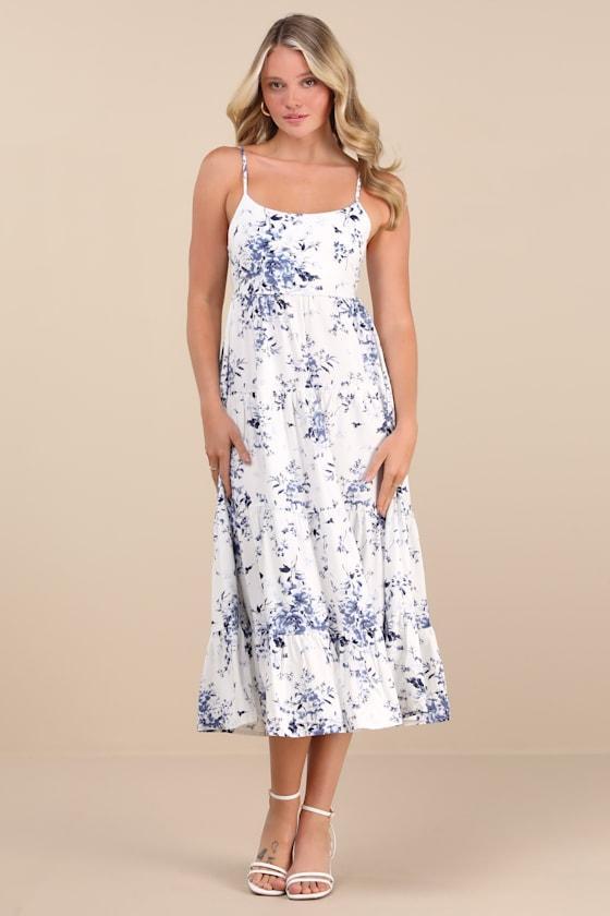 Mykonos Mood Ivory Floral Print Tie-Strap Tiered Midi Dress Product Image