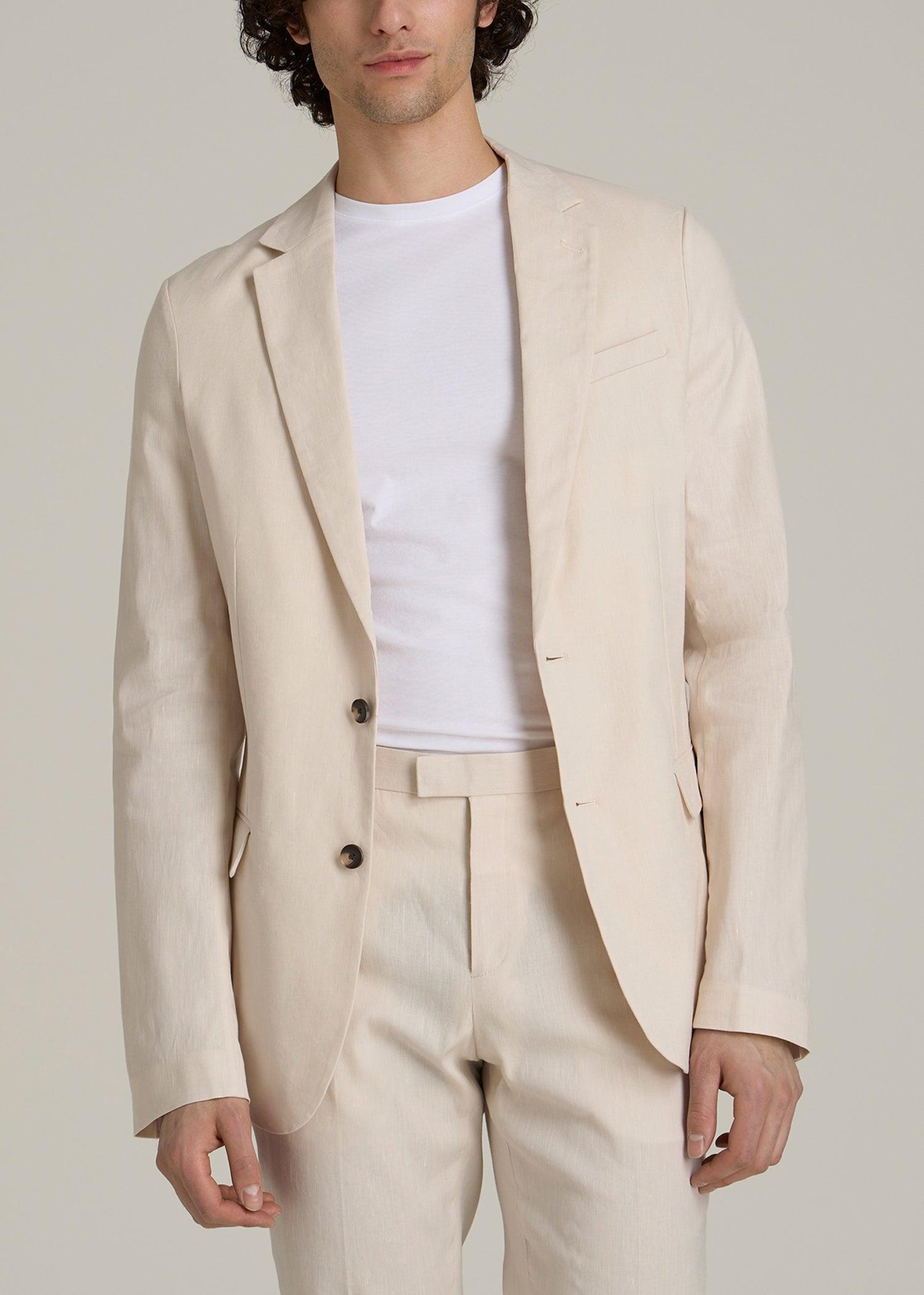 Stretch Linen Blazer for Tall Men in Light Beige Linen Product Image