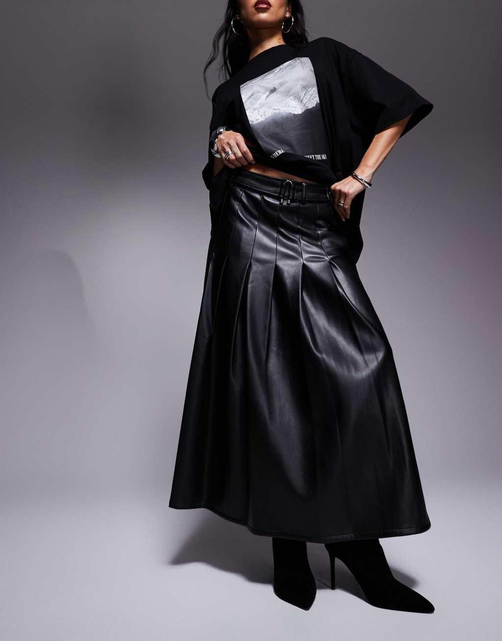 River Island faux leather pleated midi skirt in black Product Image
