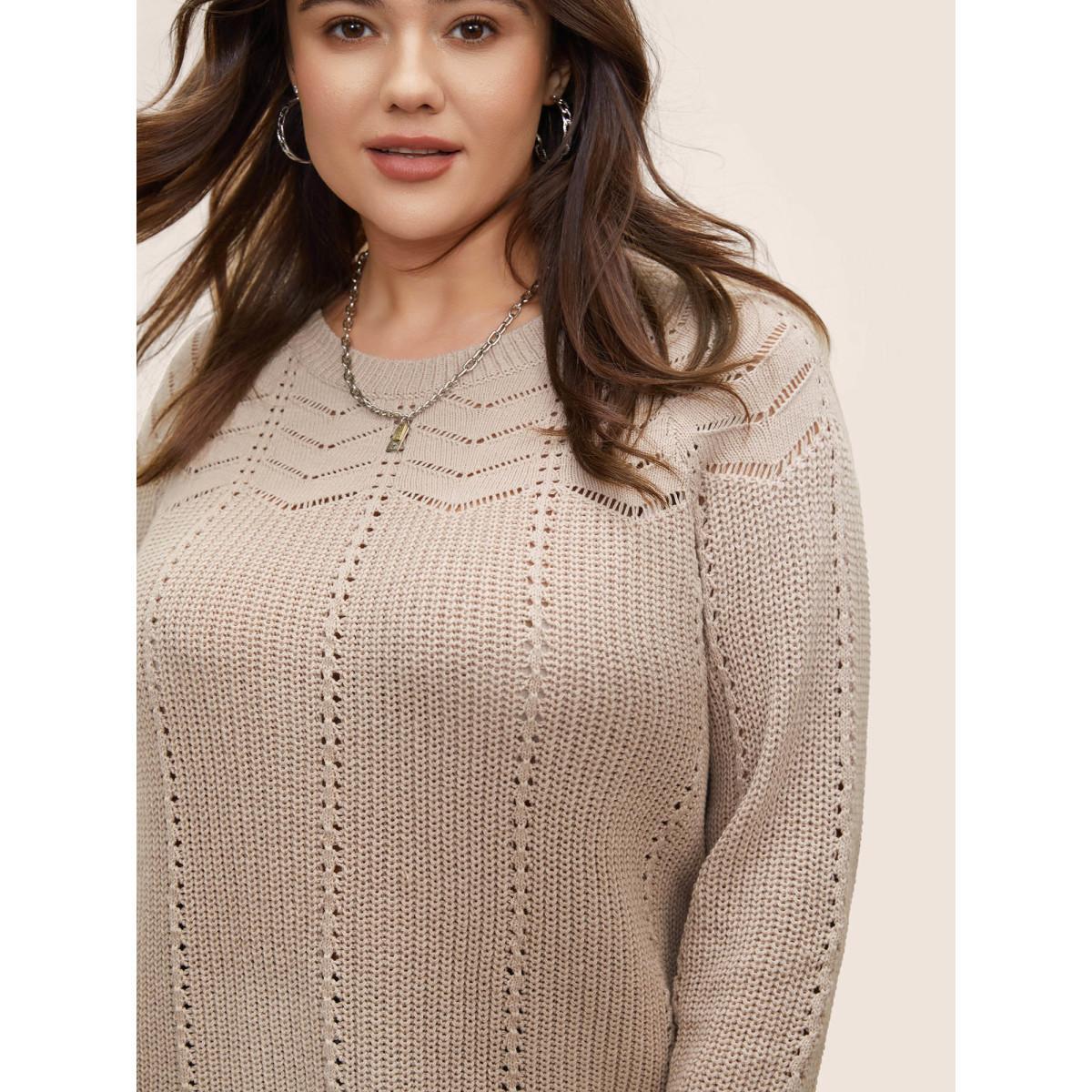 Plus Size Plain Texture Raglan Sleeve Pointelle Knit Pullover Apricot Women Casual Long Sleeve Round Neck Everyday Pullovers BloomChic 10/M Product Image
