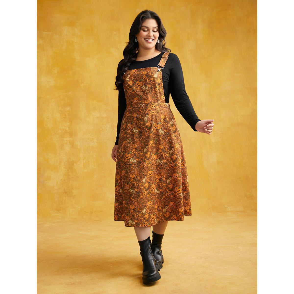Plus Size Pumpkin Print Suspender Midi Dress Amber Women Casual Non Party Curvy Bloomchic 30/6X Product Image