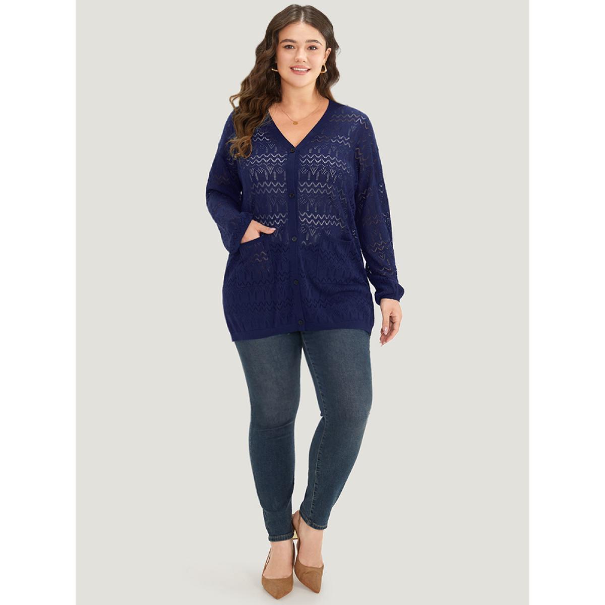 Plus Size Plain Pocket Hollow Out Button Through Cardigan Indigo Women Casual Long Sleeve Dailywear Cardigans BloomChic 12/L Product Image