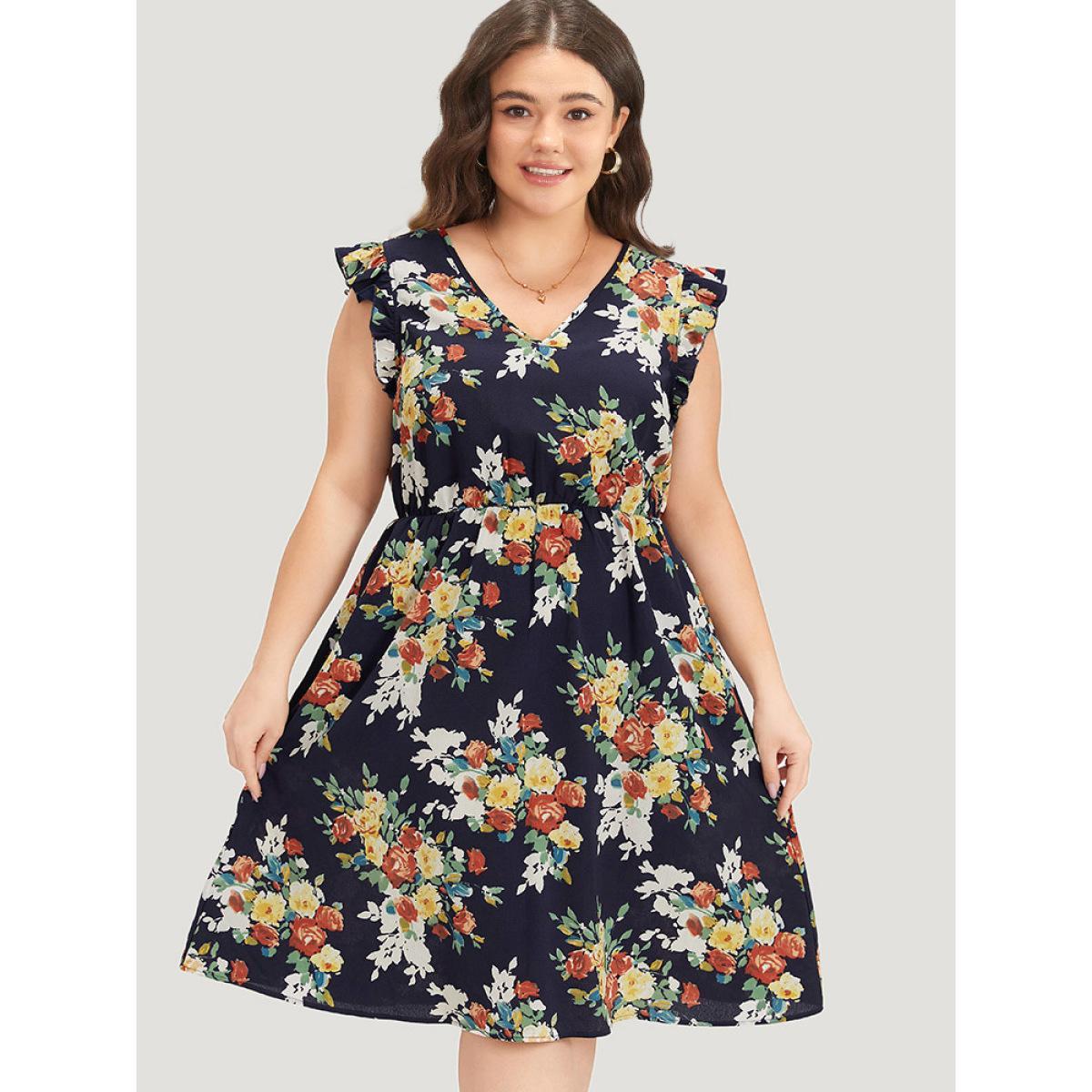 Plus Size Pixel Flower Print Ruffle Cap Sleeve Pocket Dress DarkBlue Women Elegant Elastic Waist V-neck Cap Sleeve Curvy Knee Dress BloomChic 22-24/3X Product Image