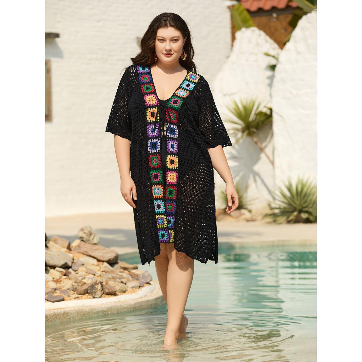 Plus Size Crocheted Cut-Out Tied Swim Cover-Up Women's Swimwear Black Beach Loose Texture Curve Swim Cover Ups BloomChic 12/L Product Image