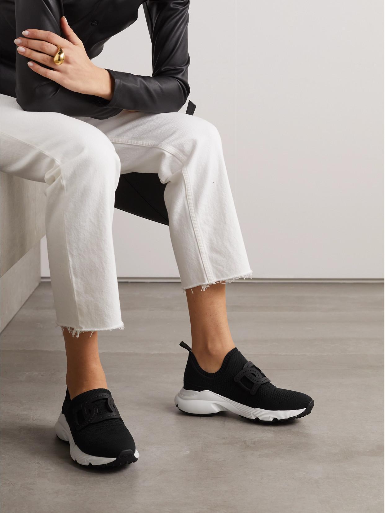 TOD'S Leather-trimmed Stretch-knit Slip-on Sneakers In Black Product Image