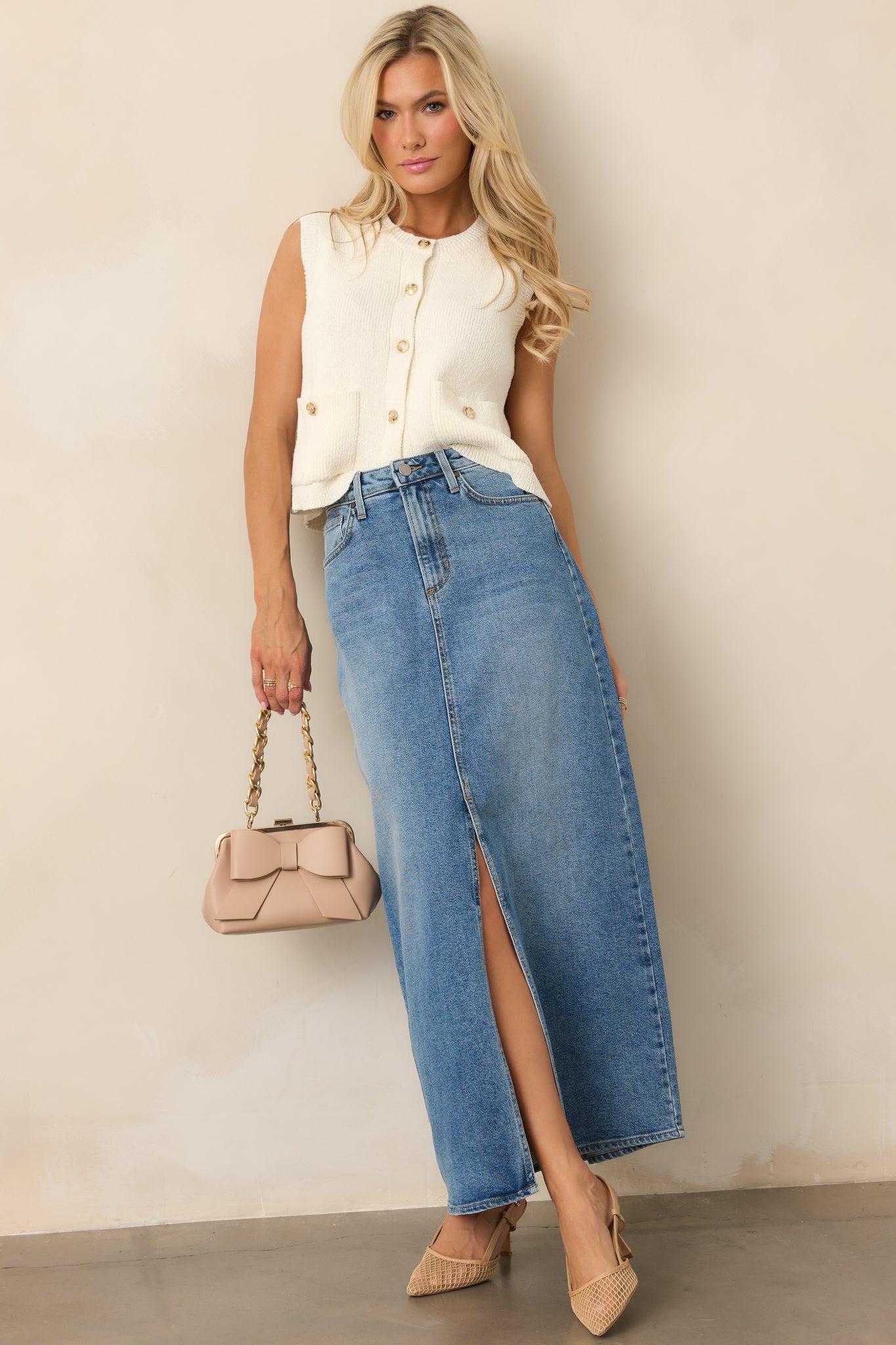 Days Of Dreaming Medium Wash Denim Midi Skirt Product Image