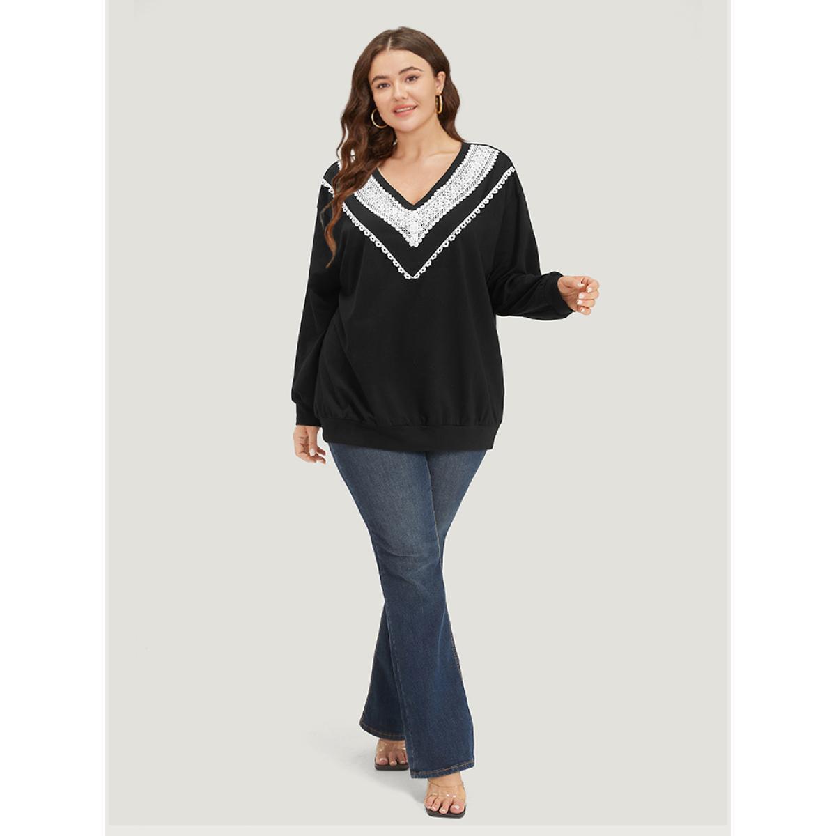 Plus Size Lace Insert V Neck Elastic Cuffs Sweatshirt Women Black Elegant Elastic cuffs V-neck Dailywear Sweatshirts BloomChic 14-16/1X Product Image