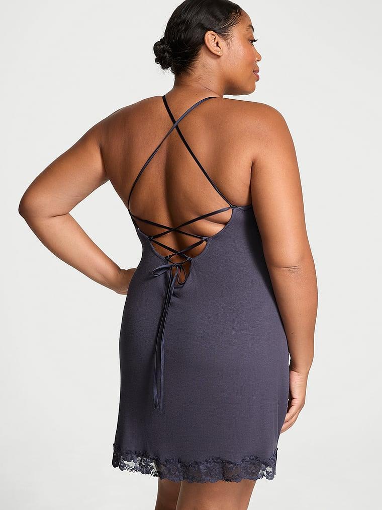 Ribbed Modal & Lace Cross-Back Slip Dress Product Image