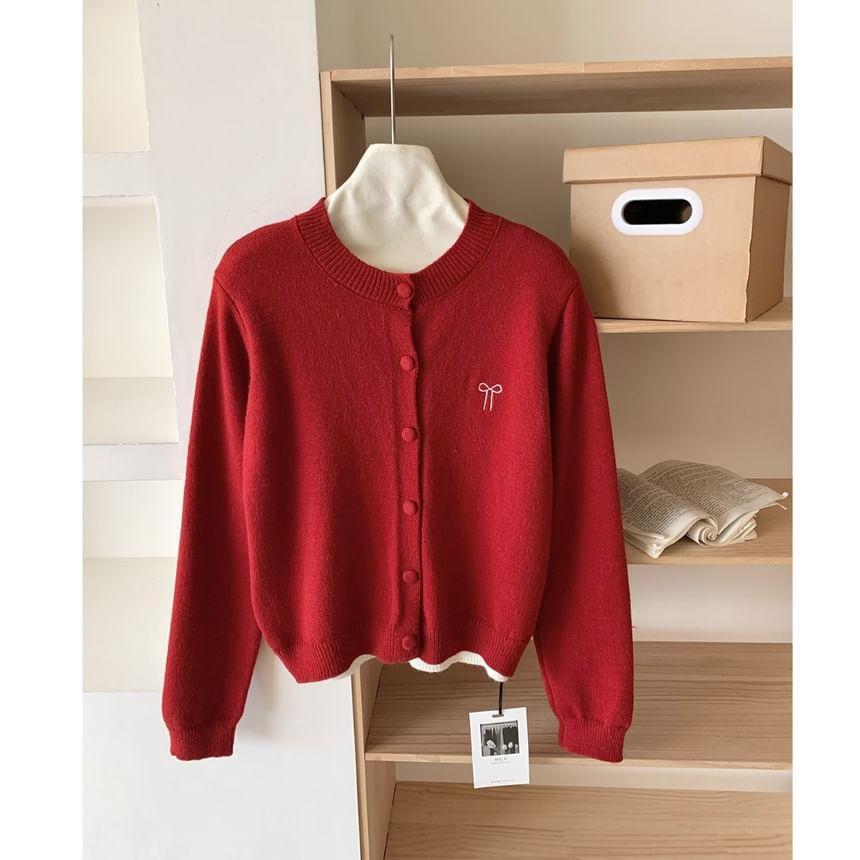 Mock Two-Piece Round Neck Bow Embroidered Cardigan Product Image
