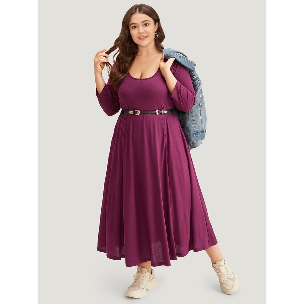 Plus Size Supersoft Essentials Scoop Neck Pleated Dress RedViolet Women Casual Plain Scoop Neck Elbow-length sleeve Curvy Midi Dress BloomChic 30/6X Product Image