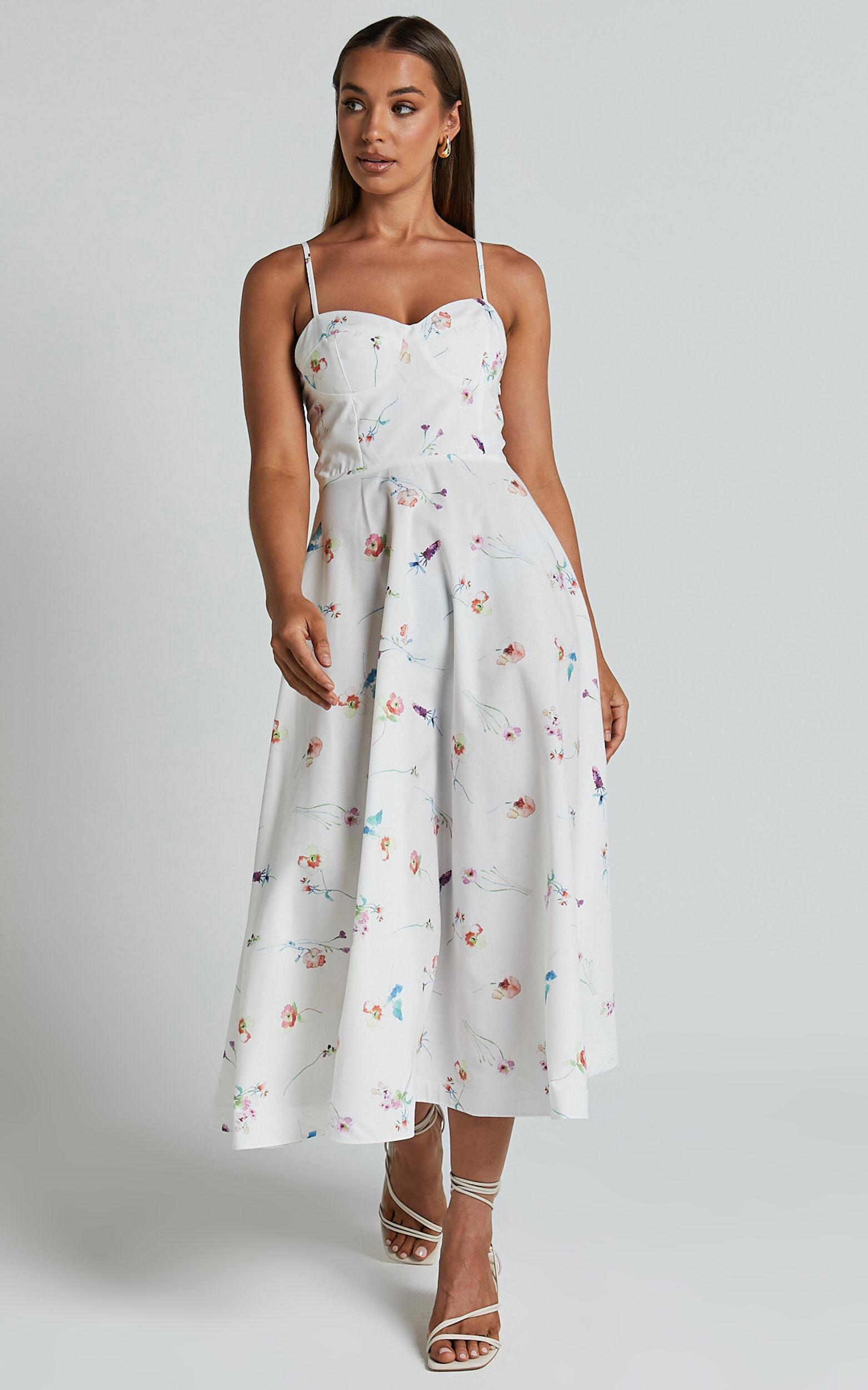 Robertson Midi Dress - Strappy Sweetheart Bustier Flare Dress in Painterly Wild Flower Product Image