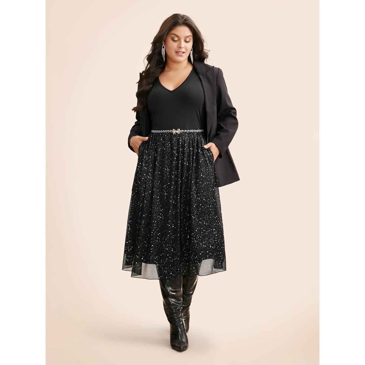 Plus Size V Neck Glitter Patchwork Tank Dress Black Women Cocktail Texture Party Curvy Bloomchic 14-16/1X Product Image