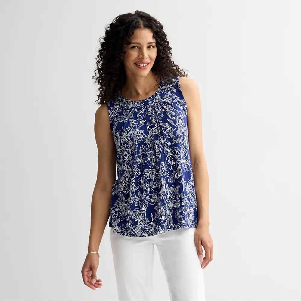 Petite Croft & Barrow Pleated Tank Top, Womens Blue Texture Palms Product Image