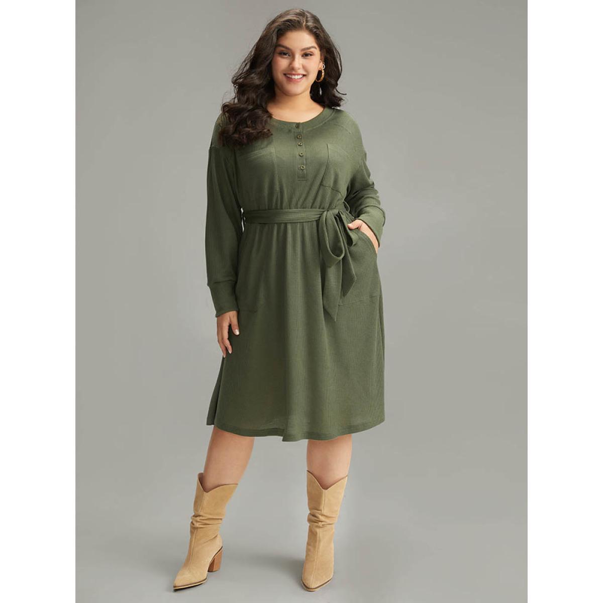 Plus Size Plain Textured Belted Button Up Dress ArmyGreen Women Casual Texture Round Neck Long Sleeve Curvy Midi Dress BloomChic 10/M Product Image