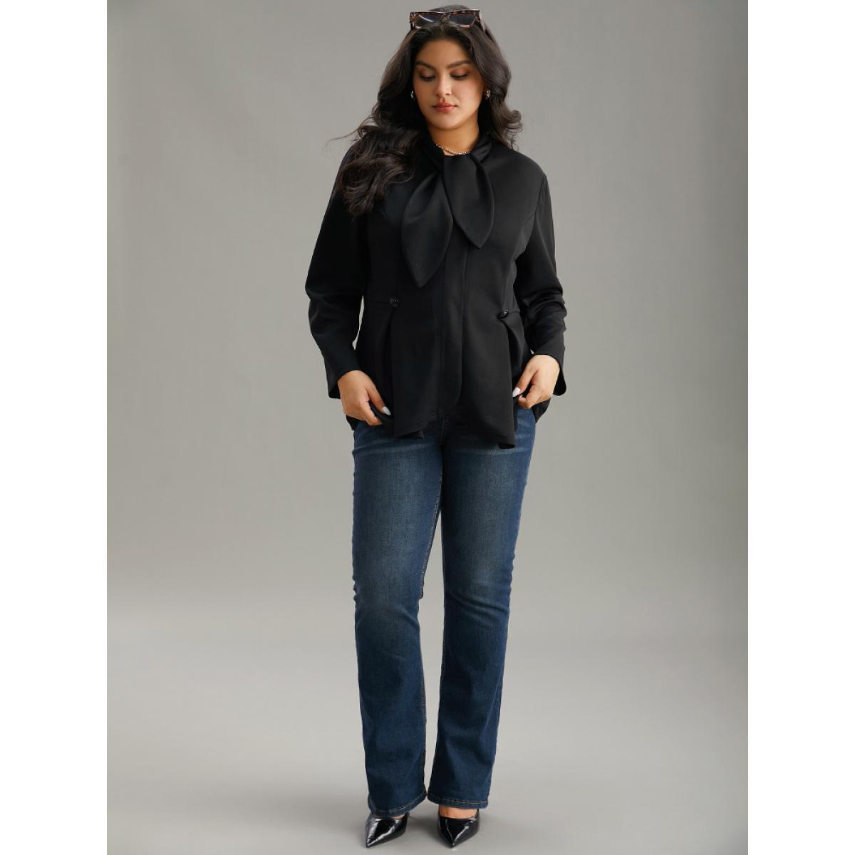 Plus Size Plain Button Detail Asymmetrical Ties Blazer Black Women Dailywear Plain Plain Sleeve Long Sleeve Asymmetrical Neck 12/L Elegant Blazers BloomChic Product Image