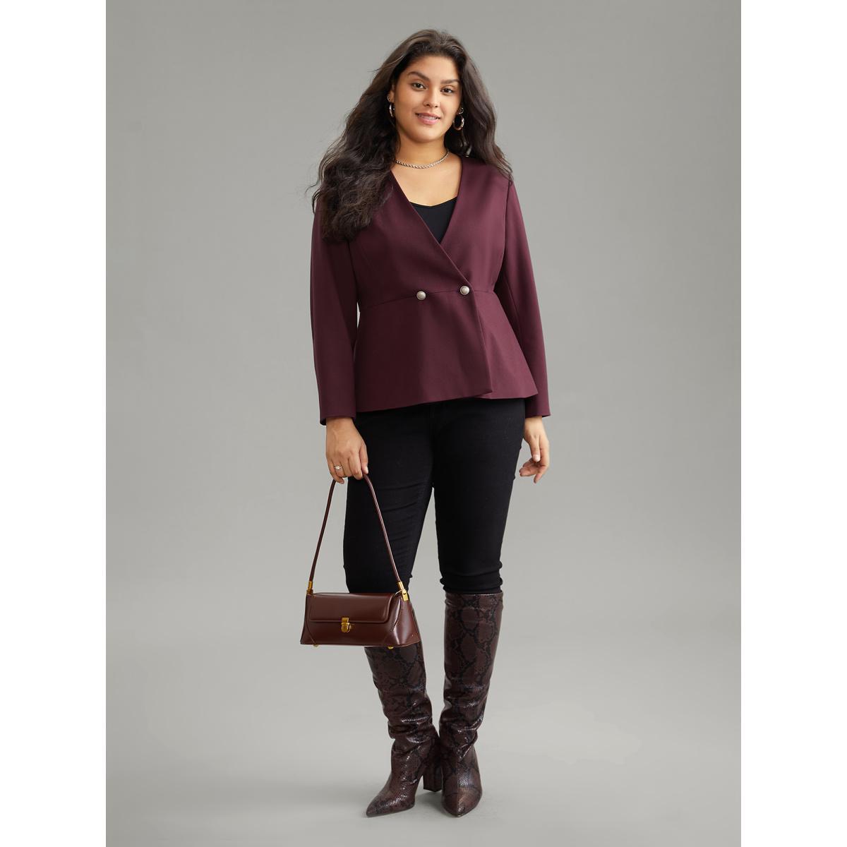 Plus Size Plain Deep V Neck Buckle Detail Blazer Burgundy Women Work Plain Sleeve Long Sleeve Deep V-neck 10/M Office Blazers BloomChic Product Image