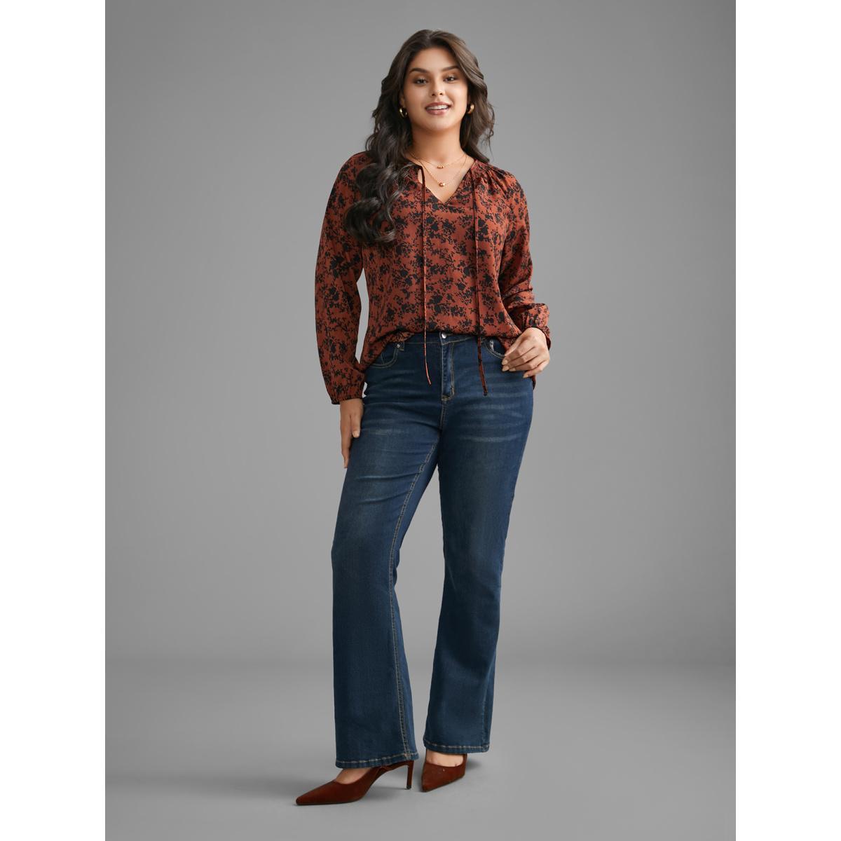Plus Size Russet Silhouette Floral Print Shirred Gathered Blouse Women Elegant Long Sleeve Wrap collar Everyday Blouses BloomChic 12/L Product Image