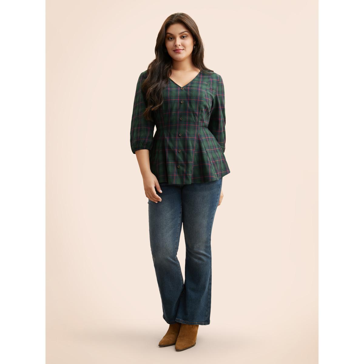 Plus Size DarkGreen Plaid Button Detail Lantern Sleeve Blouse Women Elegant Elbow-length sleeve V-neck Everyday Blouses BloomChic 18-20/2X Product Image